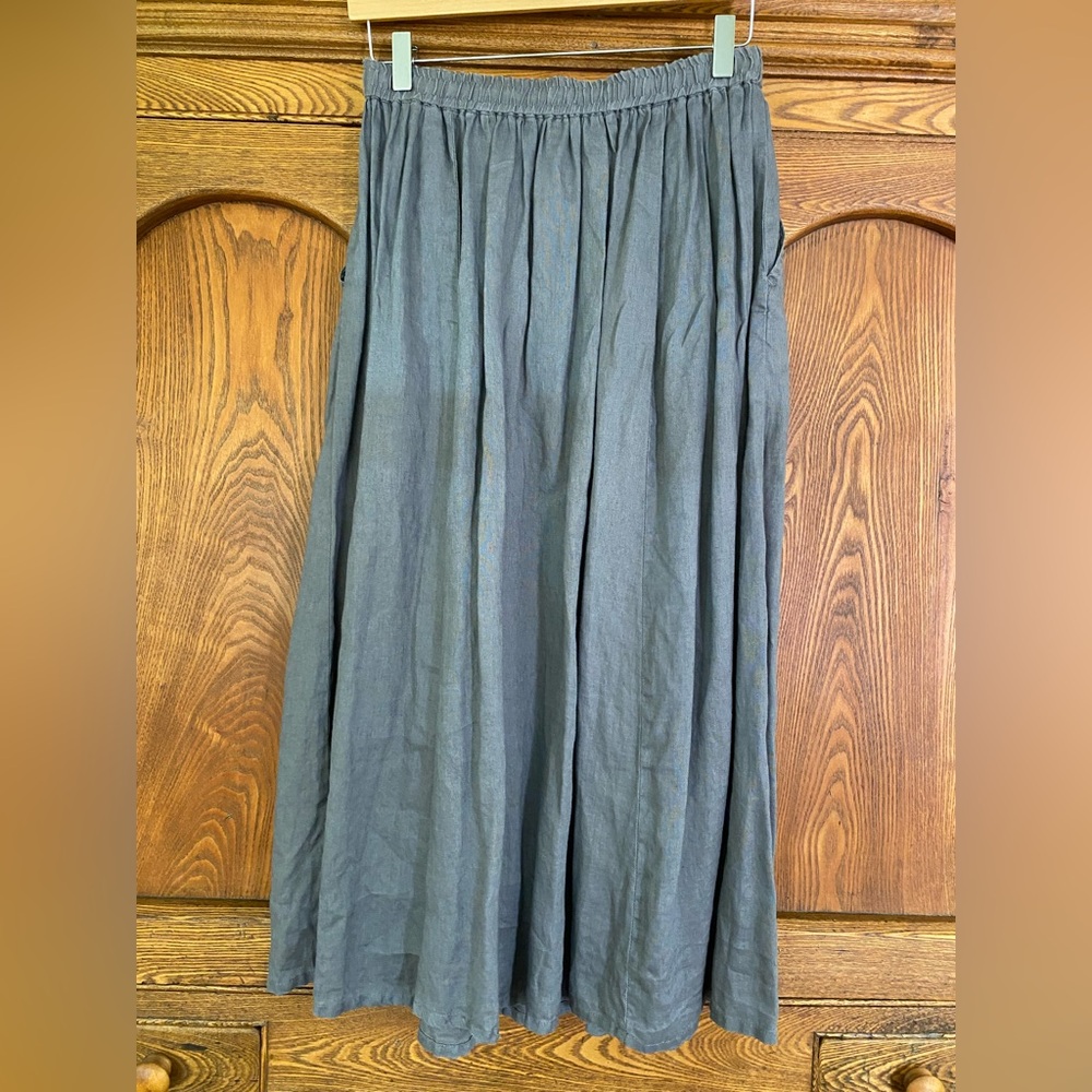 MUJI M lightweight linen skirt gray midi maxi elastic waist pockets
